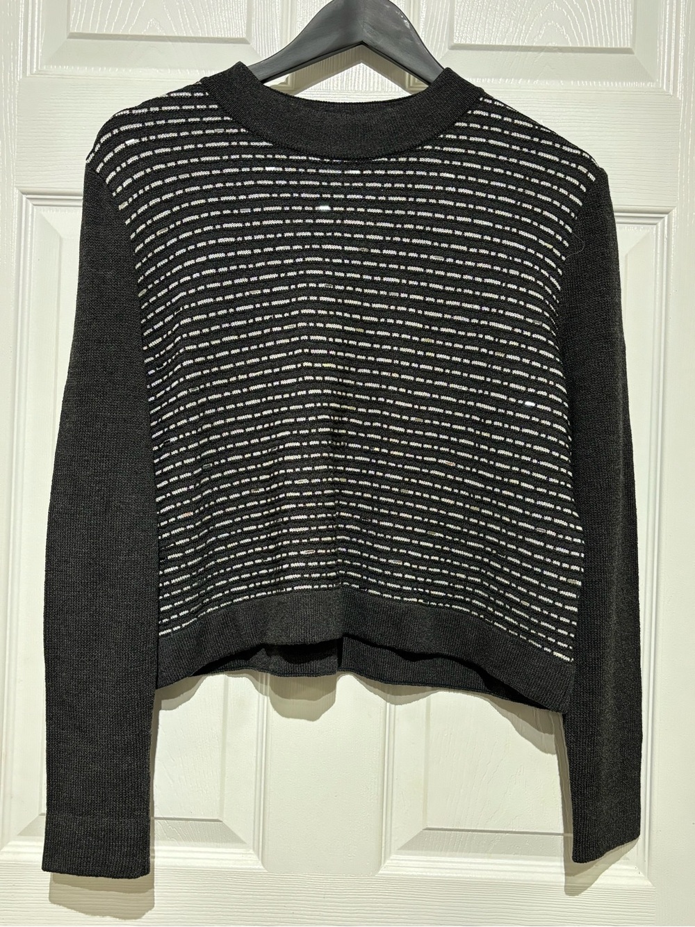 St. John Sports Gray  and Silver  Stripes w/ Sparkles Knit Sweater-Crewneck